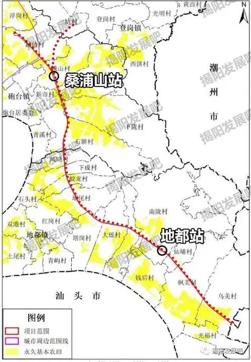 线路自汕头站南端引出,向南沿既有珠池港疏港铁路(已废弃)高架敷设,至