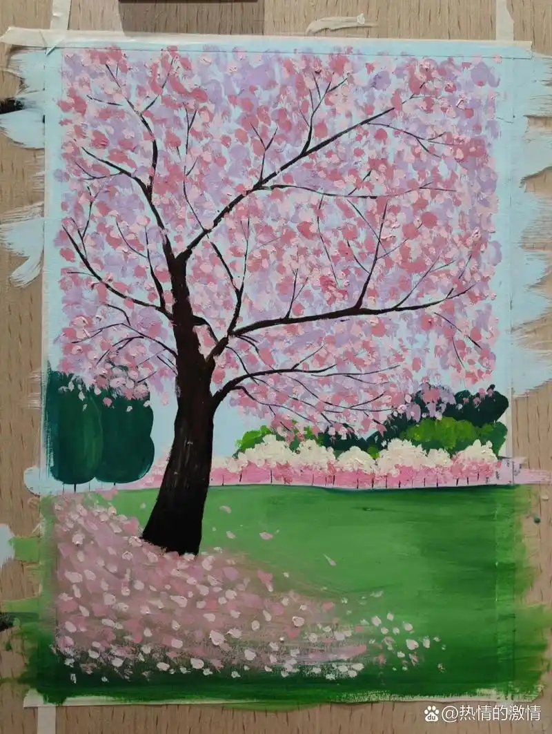 儿童水粉画 春天的景色 樱花🌸树