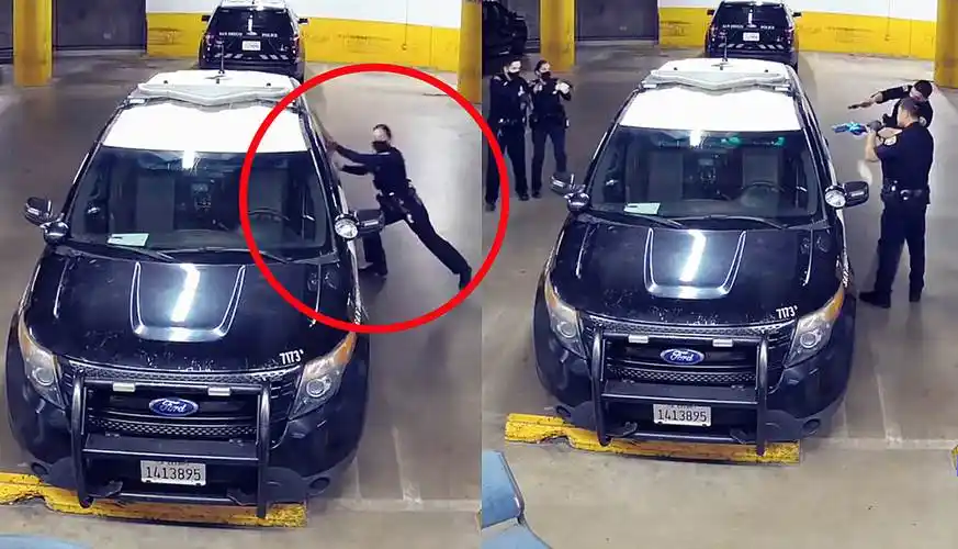 监拍:美国一嫌犯警车内开手铐偷枪!警告无效后 女警果断开枪!
