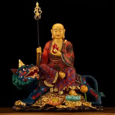 台湾彩绘坐骑地藏王佛像佛像居家供养纯铜王骑谛听王菩萨菩萨摆件