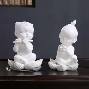莲花童子白釉摆件手工制作摆件饰品家居新中式客厅陶瓷人物