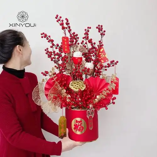 福桶抱抱桶乔迁新居花束银柳结婚年宵花卉红果客厅装饰品春节插花
