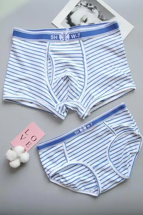 2条装 海军风可爱蓝白条纹中低腰情侣内衣内裤套装纯棉全棉成人