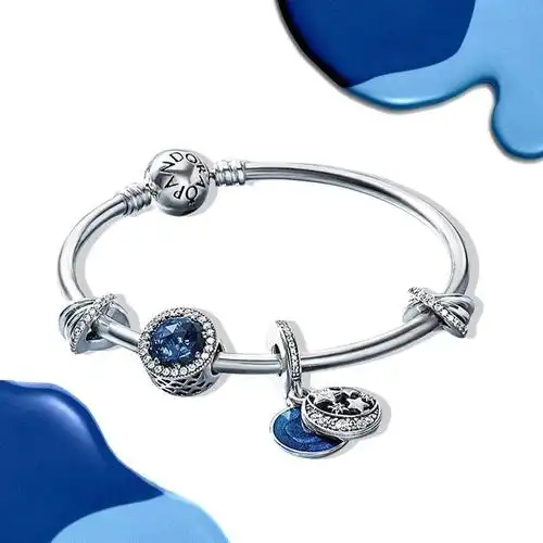 pandora潘多拉蓝纽扣串饰925银手链