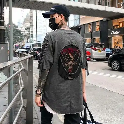 割烂破洞短袖男潮牌t恤街头潮流宽松时尚欧美风hiphop嘻哈半袖