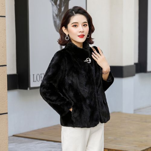 海宁新款水貂皮草外套拼貂皮大衣女短款黑色立领韩版2020
