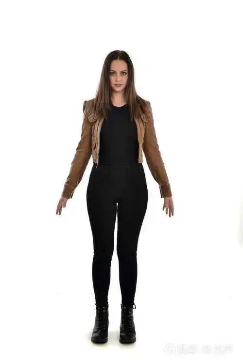 穿着棕色皮夹克的黑发女孩的全长肖像.在白色背景上站立姿势