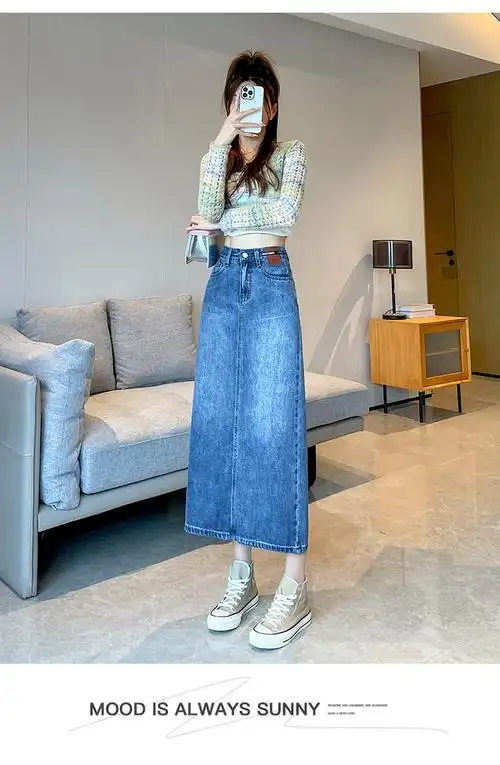 实拍0769复古牛仔裙半身裙女中长款新款a字高腰牛仔半裙开叉 - 17网