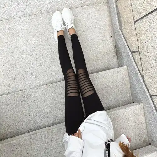 2022新款蕾丝打底裤女春秋九分裤韩版百搭显瘦网纱外穿破洞渔网裤