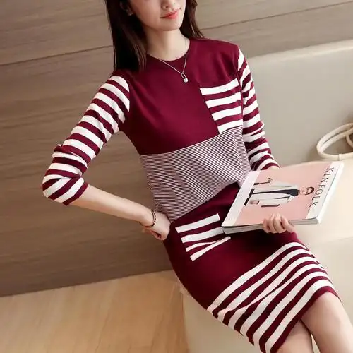 2017毛衣两件套时尚条纹针织套装裙秋季外套秋款女装秋装女新款潮图片