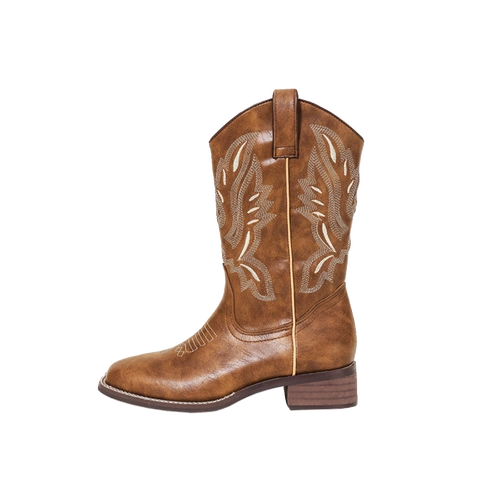 美式复古刺绣西部牛仔靴女秋冬方头粗跟中筒长筒靴草原蒙古骑士靴