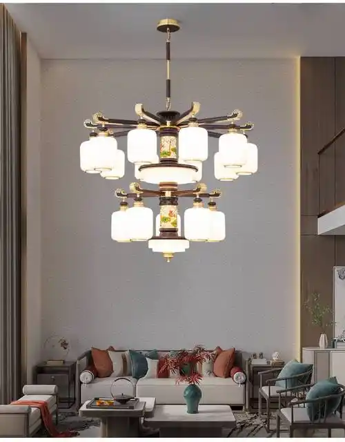 欧普照明全铜实木新中式吊灯乌檀木高端客厅灯中式餐厅灯别墅灯具