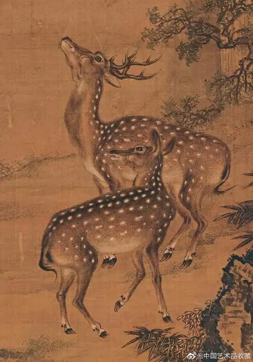 南蘋画派#【 清 沈铨 《双鹿图》 】立轴,绢本设色,120×50.