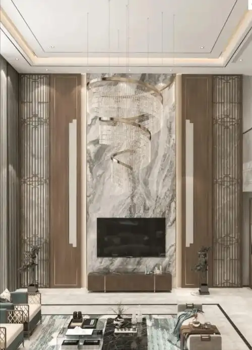 3,挑空客厅电视背景墙的造型与客厅吊顶的造型,最好作到相互呼应,吊顶