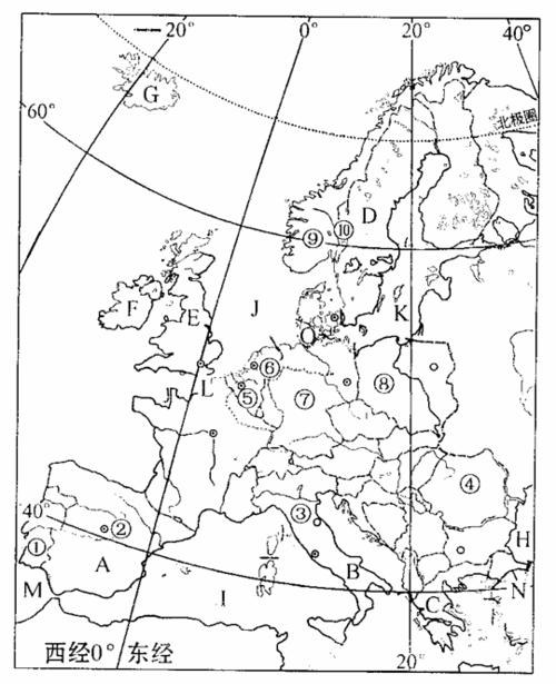 读欧洲西部图,识别图中序号代表的地理事物:(14分)试题详情点击展开