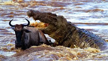 鳄鱼偷袭角马母子,直接把角马拖进水里,怎料下一秒意外发生!