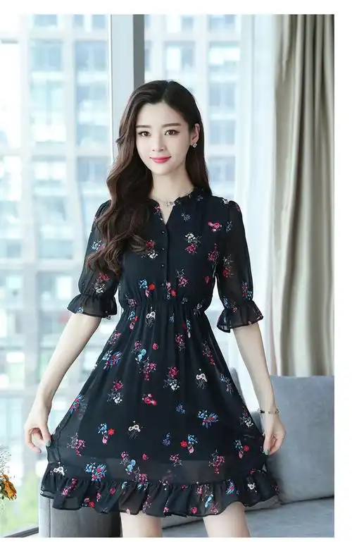 矮个子裙短款夏天连衣裙矮个子小个子休闲碎花女韩版收腰显瘦裙气质