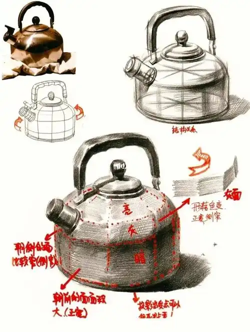 联考静物素描不锈钢水壶