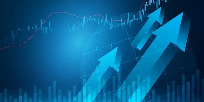 金融蓝色科技箭头上升k线图线条科技股票数据矢量展板背景