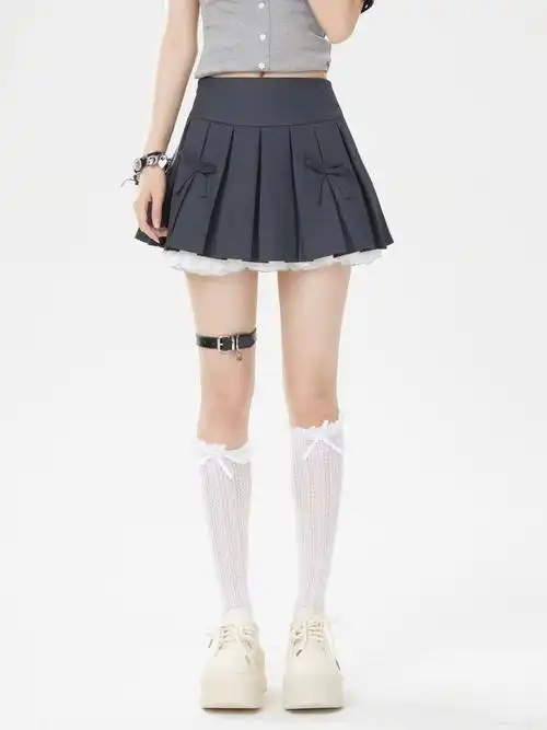 现货蕾丝蝴蝶结jk学院风百褶半身裙女高腰显瘦辣妹风a字裙短裙 - 17网