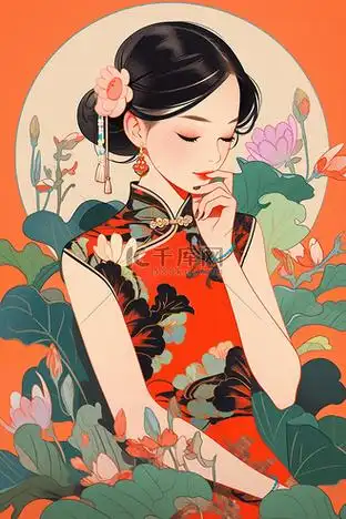 国潮女生图片素材_中式国潮手绘女生旗袍插画10