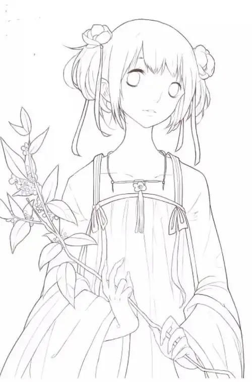 黑白线稿唯美古风美女白描线稿