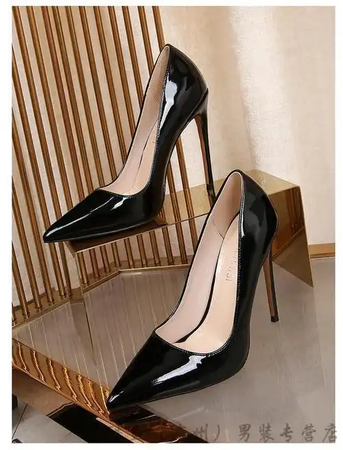 【恨天高尖头高跟鞋】恨天高12cm尖头高跟鞋女细跟性感夜店黑色单鞋10