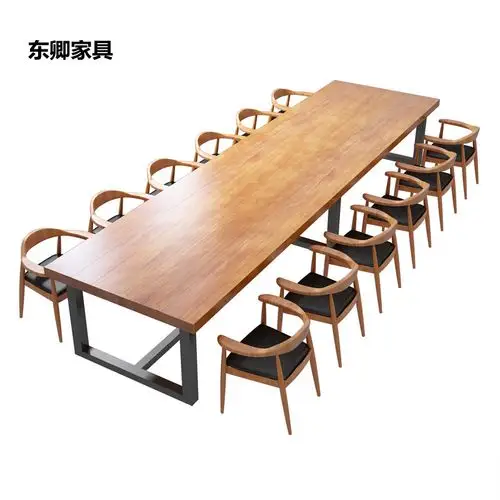 美式原木实木铁艺大板会议办公桌椅长条组合开会电脑培训阅览室桌
