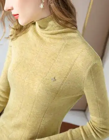 衣服高领女2021秋冬羊毛衫女新款女装纯色针织衫新款洋气小衫亚麻黄xl