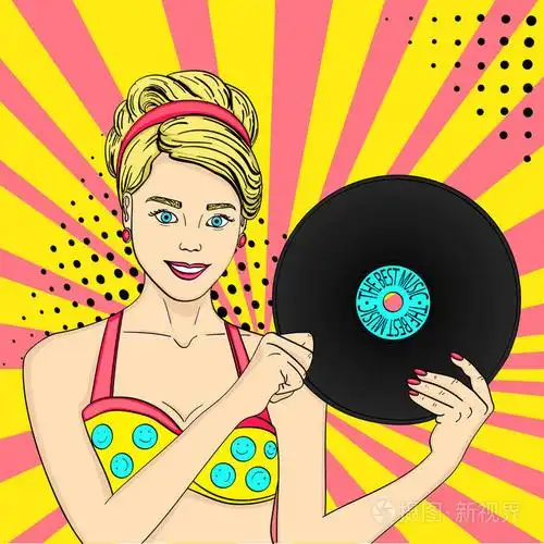 流行艺术快乐的年轻女子, 有留声机唱片.音乐板块矢量.仿漫画风格