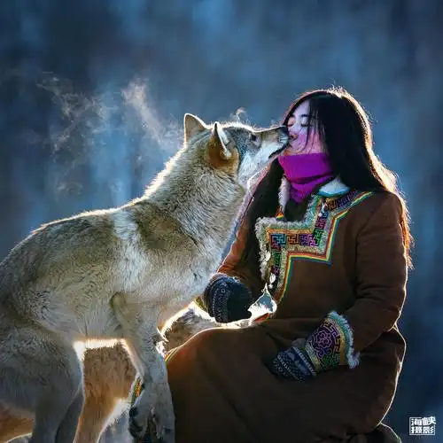 作者在日落特殊的逆光下,敏锐地捕捉到女孩与狼互吻的瞬间,一幅自然