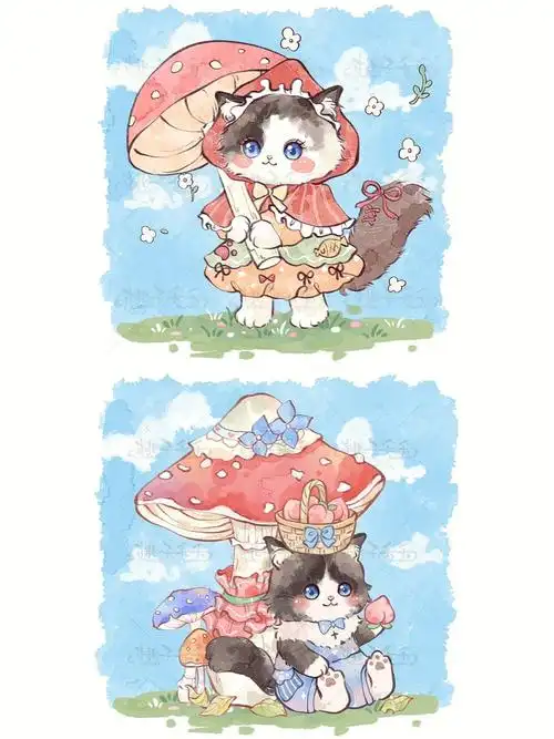 宠物约稿54q版猫咪之采蘑菇的小菇凉