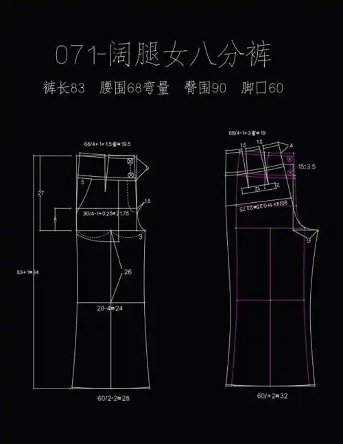 女士阔腿八分裤的制版图分享