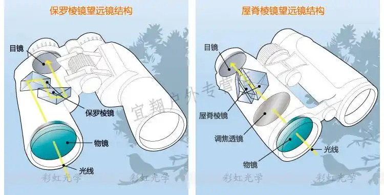 双筒望远镜在物镜和目镜之间均安装了转像棱镜,根据转像原理不同可以