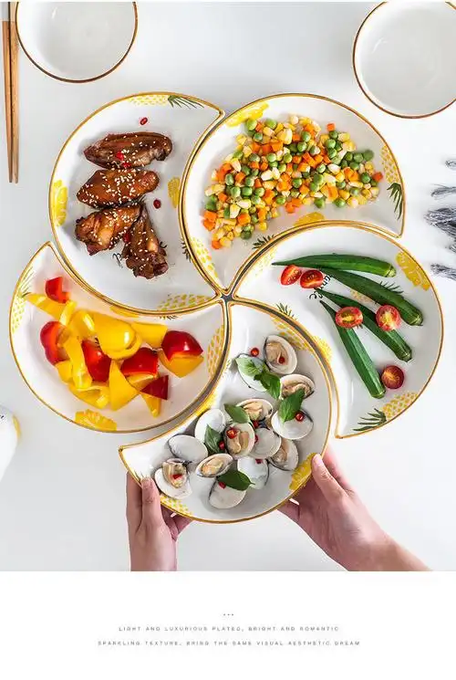 月子餐具网红拼盘套装组合盘子创意家用陶瓷圆桌菜盘分餐盘月亮盘团圆