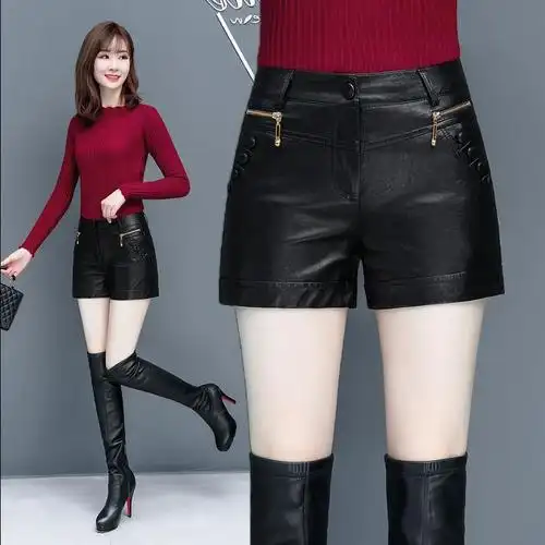 皮短裤女2019秋冬新款韩版高腰pu皮裤女士大码显瘦外穿打底靴裤