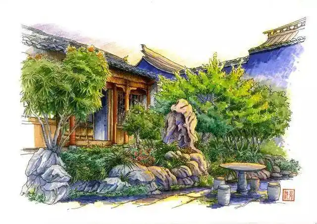 被定格的"江南乐韵" 太仓江南丝竹馆马克笔画