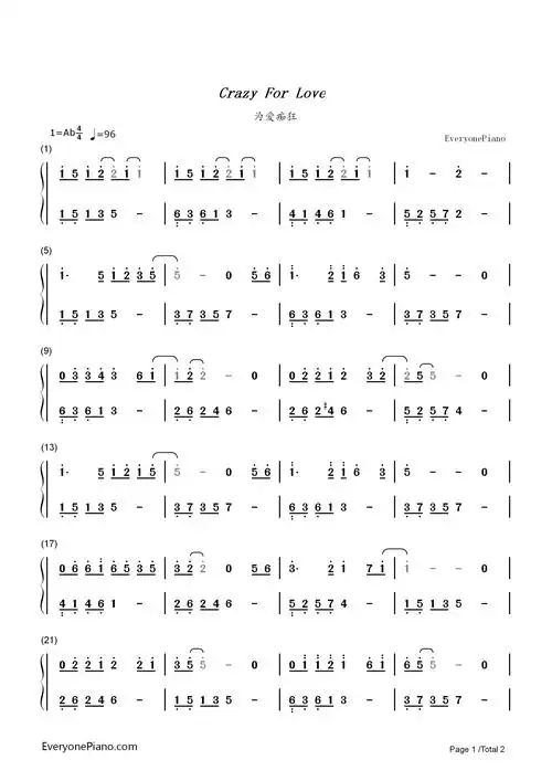 为爱痴狂刘若英双手简谱预览1