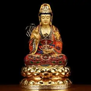 台湾手工彩绘观音菩萨佛像纯铜观音佛像坐像家用供奉娑婆三圣摆件