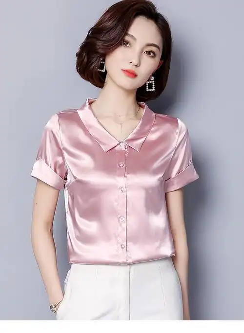 外贸女装2018真 丝半袖女夏女简约短袖上衣polo衫小翻领衬衫女潮