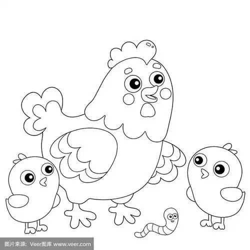 卡通小鸡或母鸡与小鸡的轮廓.农场动物.儿童涂色书.