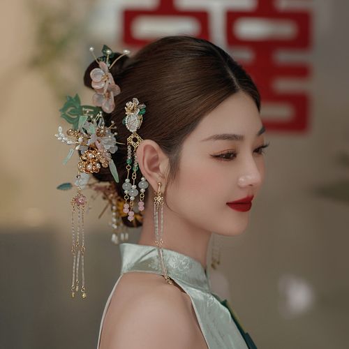 中式发饰流苏琉璃花青玉簪古风结婚盘发旗袍饰品秀禾浅色新娘头饰