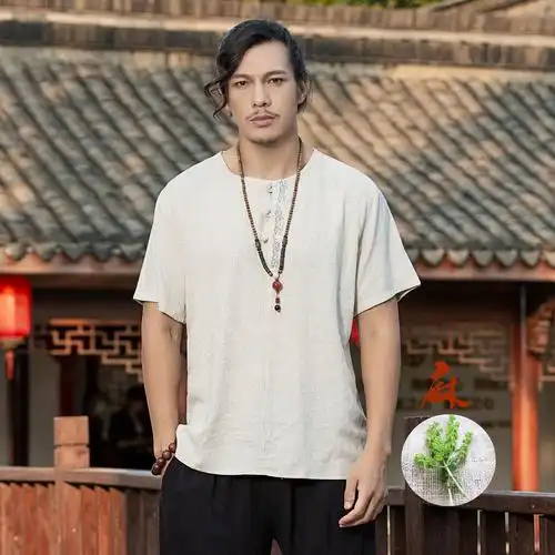 民族服装男中国风亚麻复古衣服夏季唐装汉服古风男装青年短袖衬衫