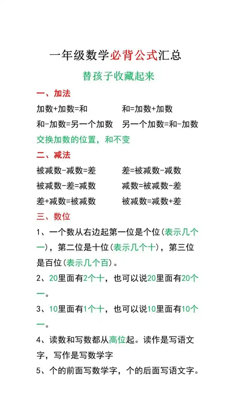 一年级数学下册必背公式 期中重点复习#一年级数学 #必考考点 - 抖音