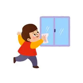 男孩劳动擦玻璃
