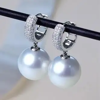 喜吟福母贝黑珍珠耳环耳圈镶钻大颗贝珠耳钉经典气质耳饰女款12mm白珠