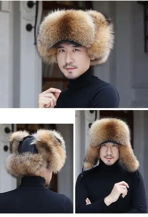 狐狸毛雷锋帽男士东北真皮貂皮中老年皮草貉子毛冬天棉帽子男白色xl