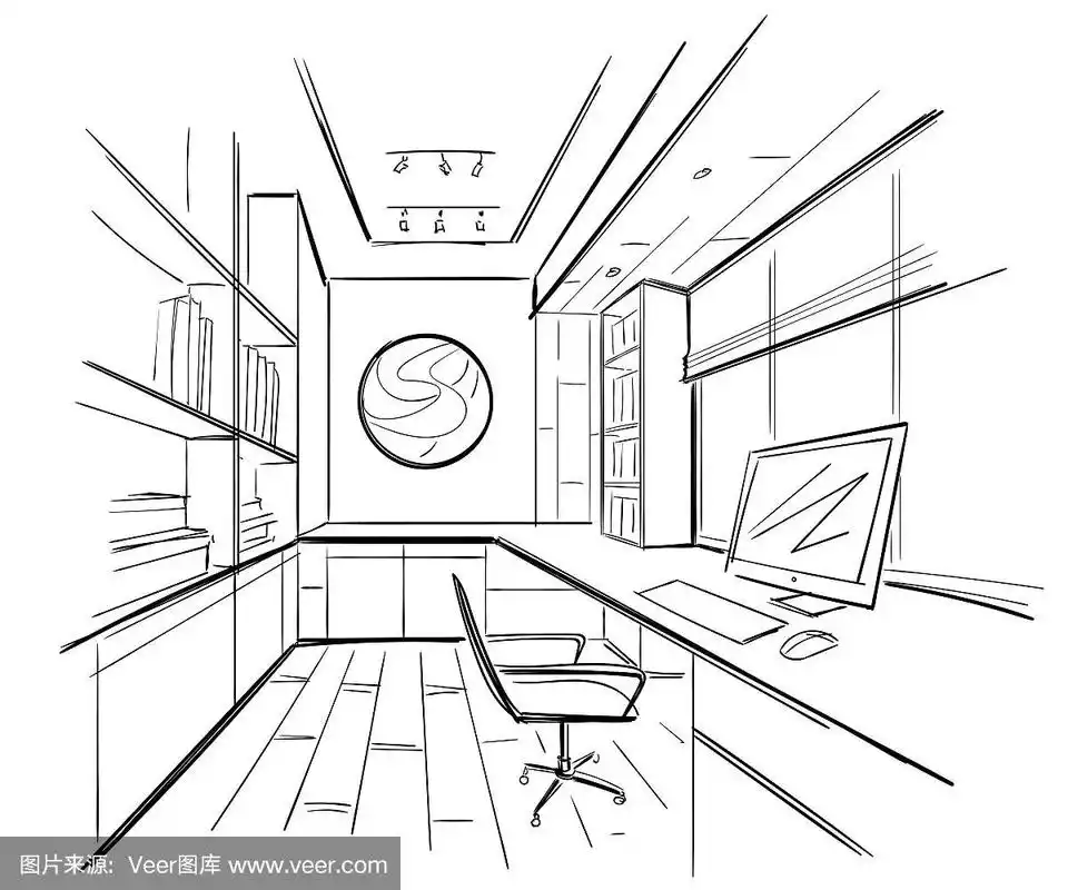 素描风格的办公室.手绘办公家具.矢量插图.