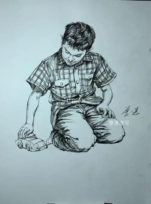 跪着玩玩具的小孩速写步骤