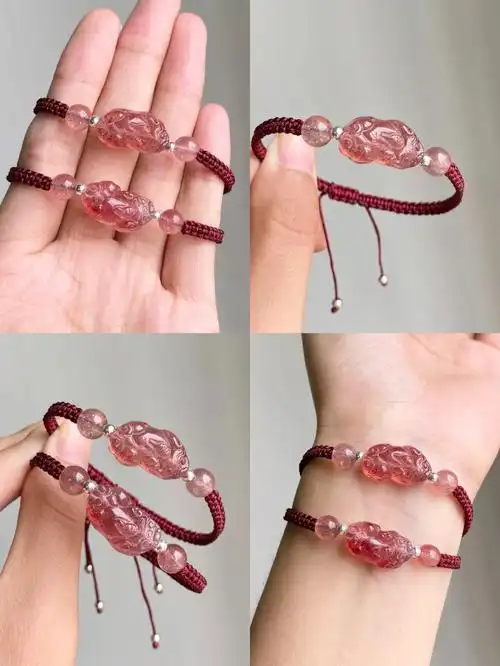 3款草莓晶貔貅手链原创设计上手仙美